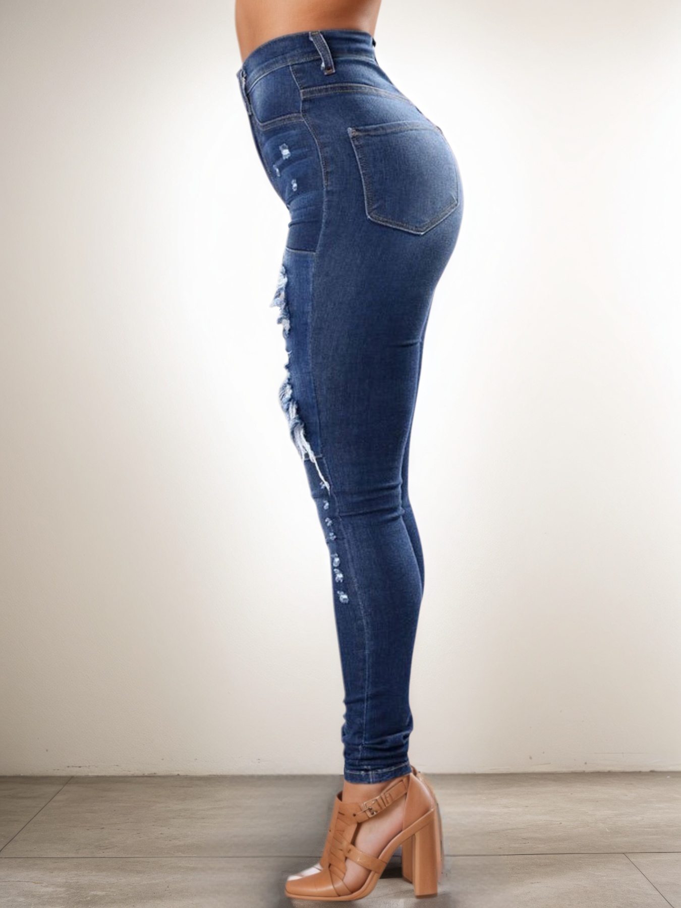 Women's High Waisted Ripped Skinny Jeans — Dark Wash Stretch Denim - Sizes S-XXL, view 2