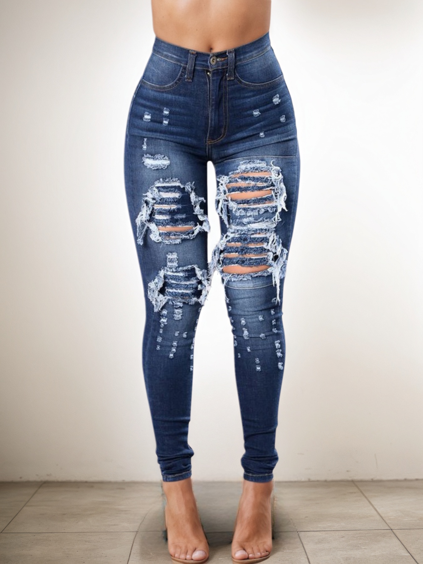 Women's High Waisted Ripped Skinny Jeans — Dark Wash Stretch Denim - Sizes S-XXL