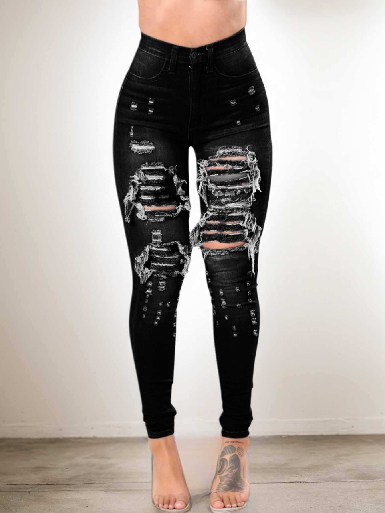 Women's Black Ripped High Waisted Skinny Jeans, Stretch Denim for Women - S-XXL, view 2