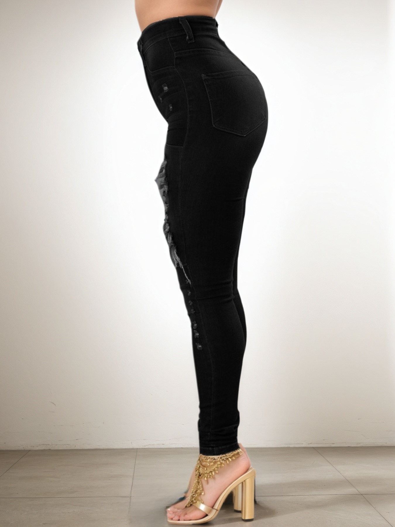 Women's Black Ripped High Waisted Skinny Jeans, Stretch Denim for Women - S-XXL