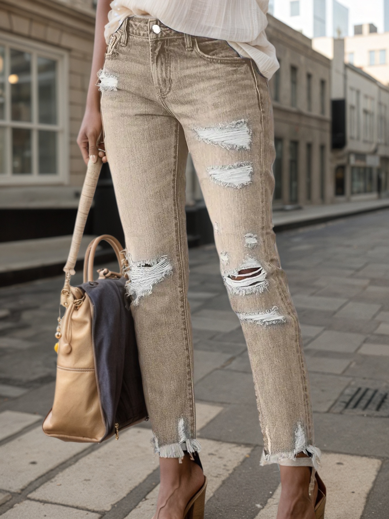 Women's Sand-Wash Ripped Straight Jeans — Plus Size Raw-Hem Denim - S-XXL, view 2