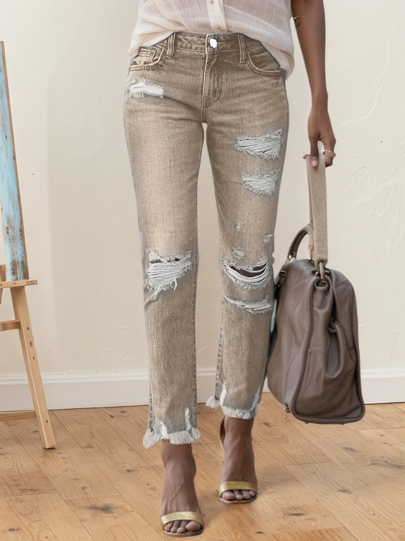 Women's Sand-Wash Ripped Straight Jeans — Plus Size Raw-Hem Denim - S-XXL, view 5