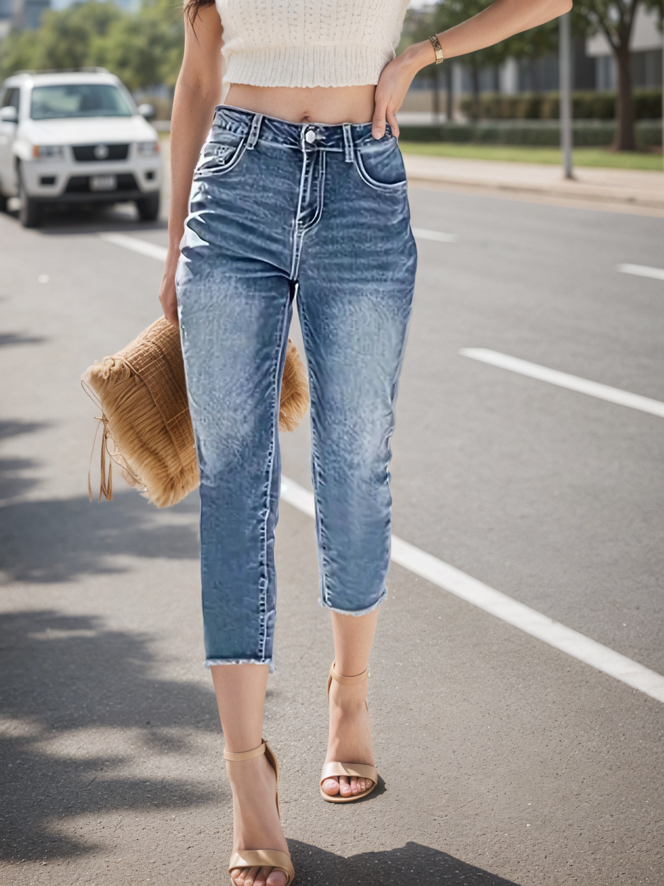 Women's Frayed-Hem Cropped Jeans — Straight Leg, Faded Blue Wash - S-XXL, view 5