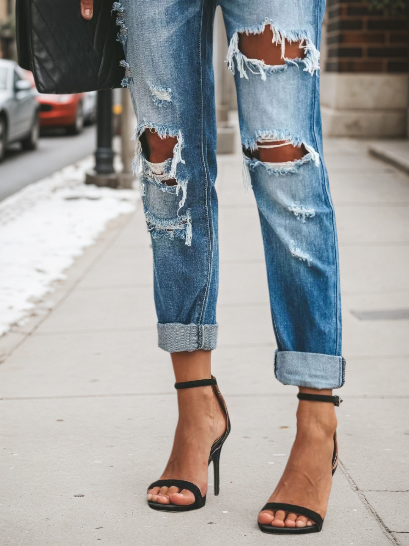 Women's Ripped Boyfriend Jeans — Low Rise, Cuffed Hem, Medium Blue Wash - Sizes S-XXL