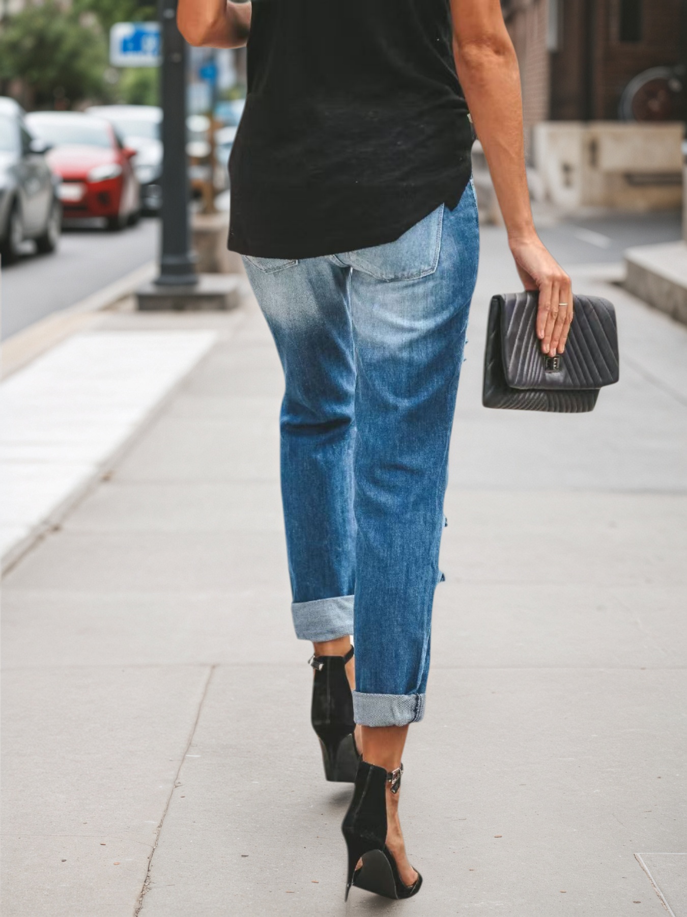 Women's Ripped Boyfriend Jeans — Low Rise, Cuffed Hem, Medium Blue Wash - Sizes S-XXL, view 3