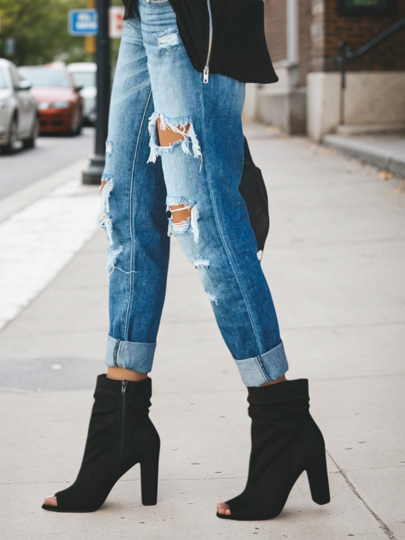 Women's Ripped Boyfriend Jeans — Low Rise, Cuffed Hem, Medium Blue Wash - Sizes S-XXL, view 5