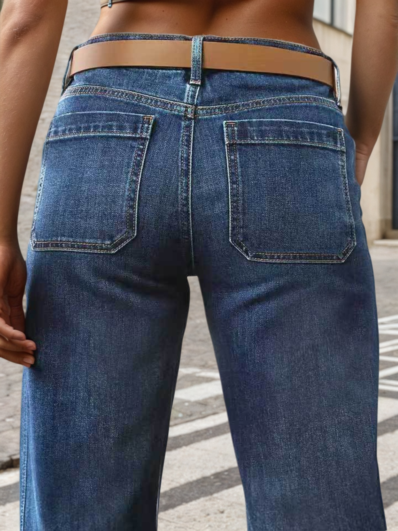 Women's Wide Leg Jeans — Mid Rise, Patch Pocket, Faded Indigo Denim, view 2