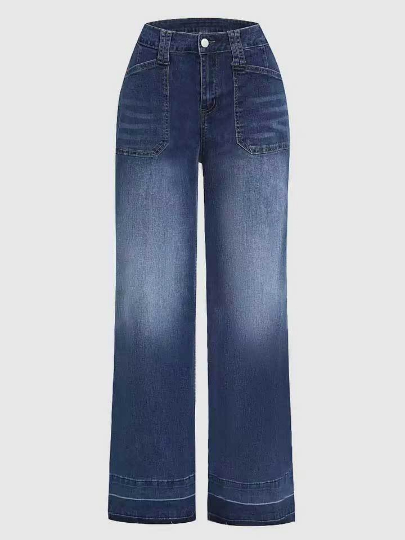 Women's Wide Leg Jeans — Mid Rise, Patch Pocket, Faded Indigo Denim, view 3