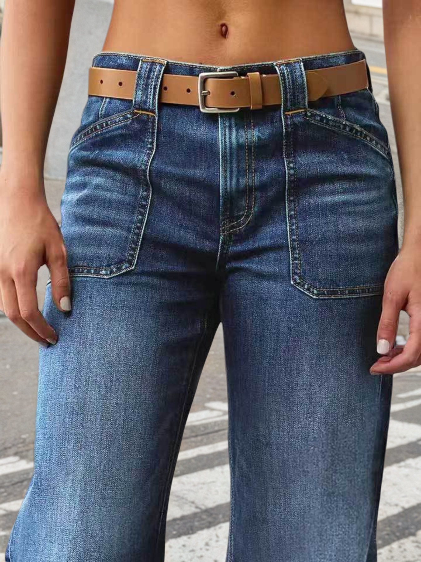 Women's Wide Leg Jeans — Mid Rise, Patch Pocket, Faded Indigo Denim, view 4