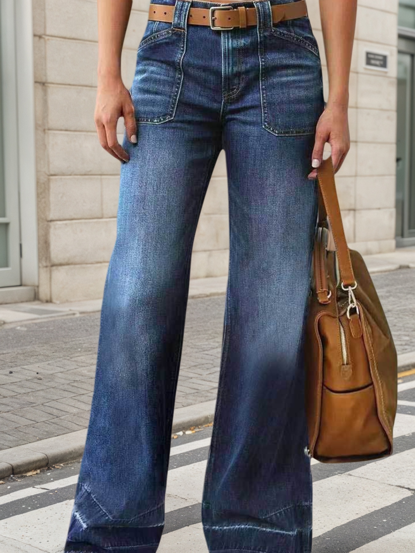 Women's Wide Leg Jeans — Mid Rise, Patch Pocket, Faded Indigo Denim