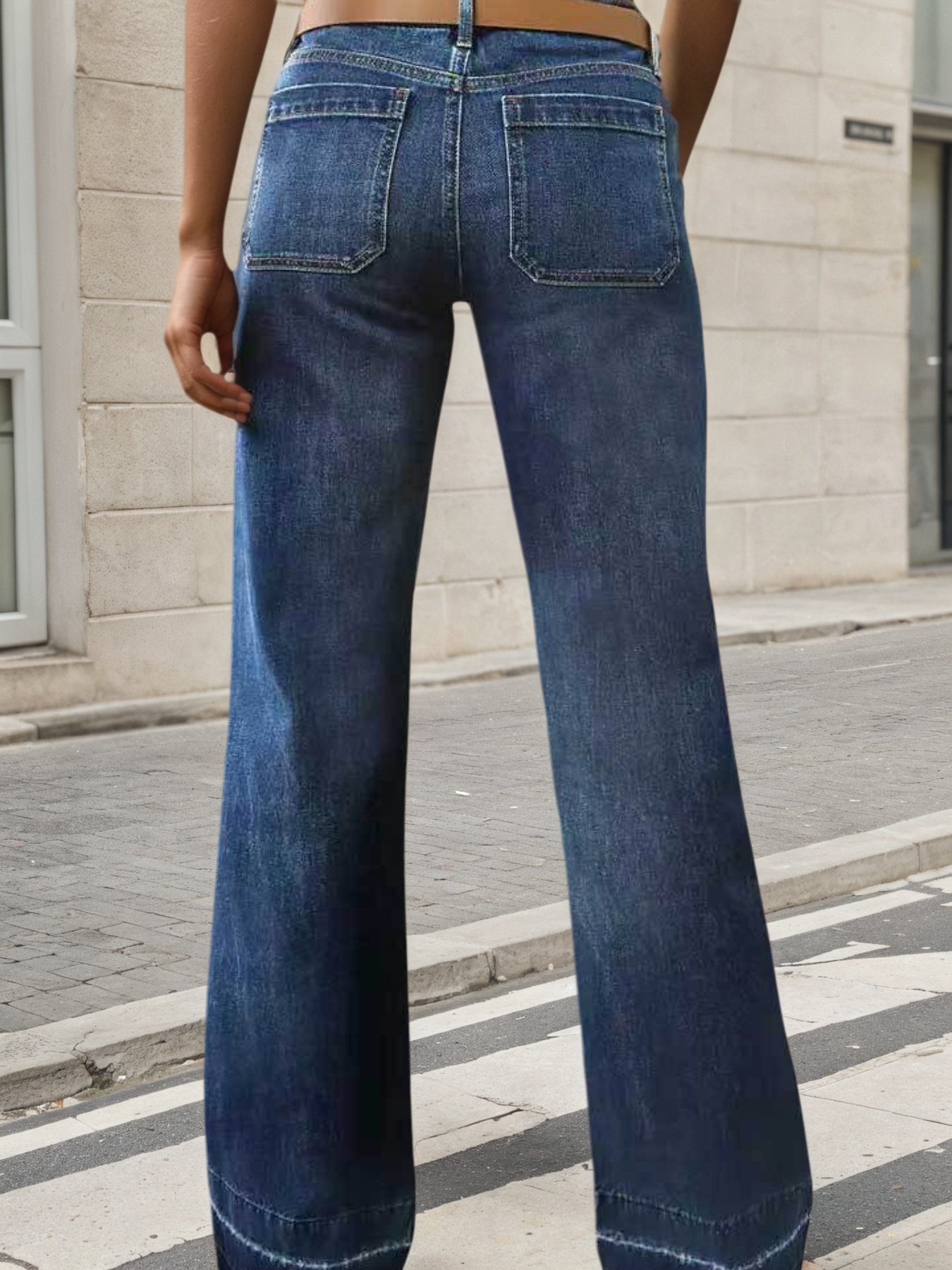 Women's Wide Leg Jeans — Mid Rise, Patch Pocket, Faded Indigo Denim, view 5