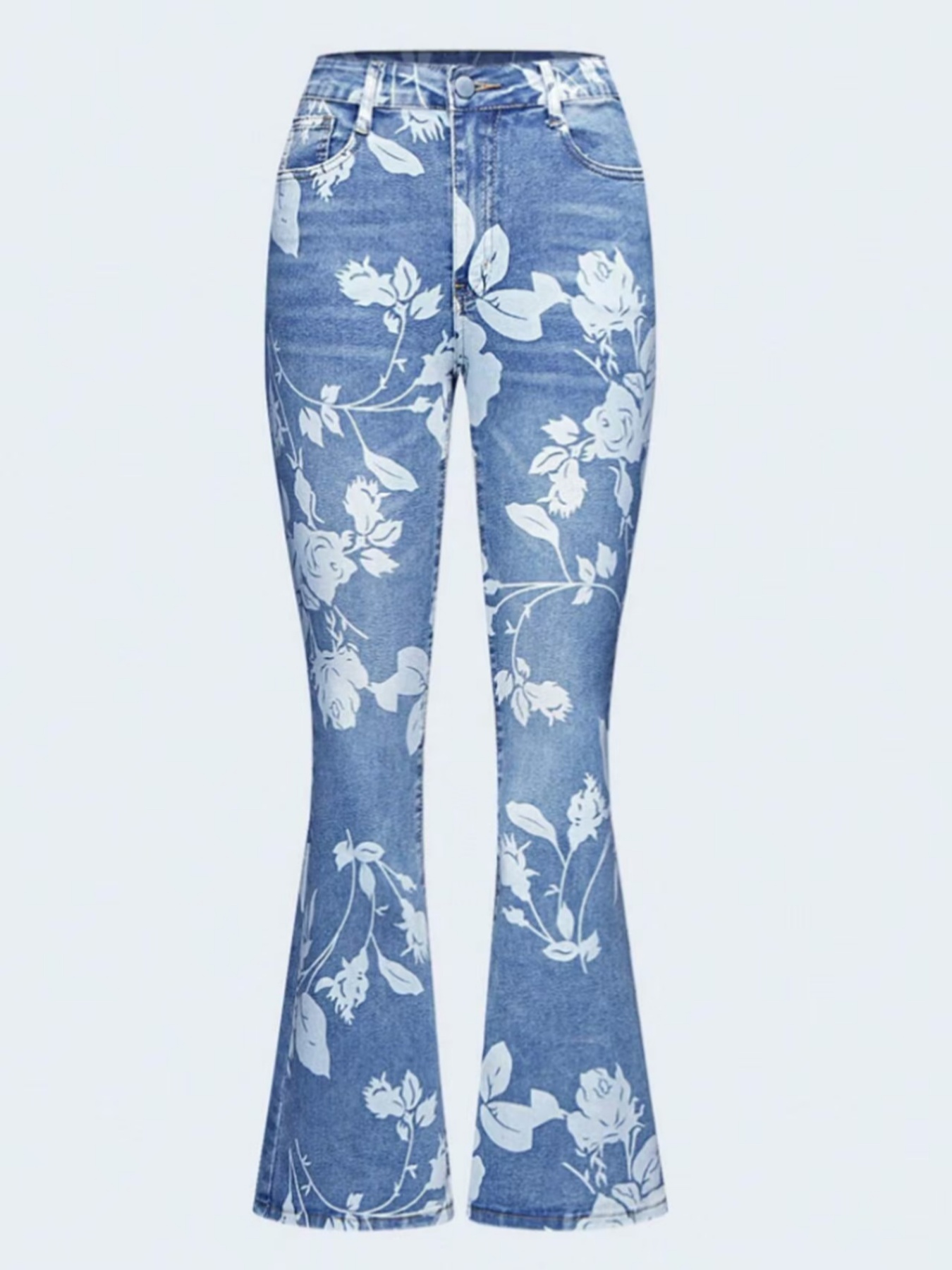 Women's Floral Print Flare Jeans — High-Waisted Light Wash Bootcut Denim - Sizes S-XXL