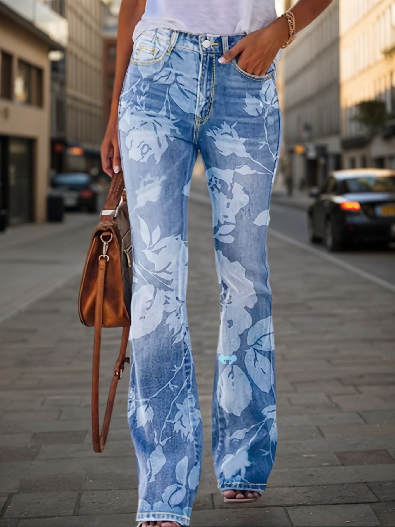 Women's Floral Print Flare Jeans — High-Waisted Light Wash Bootcut Denim - Sizes S-XXL, view 3