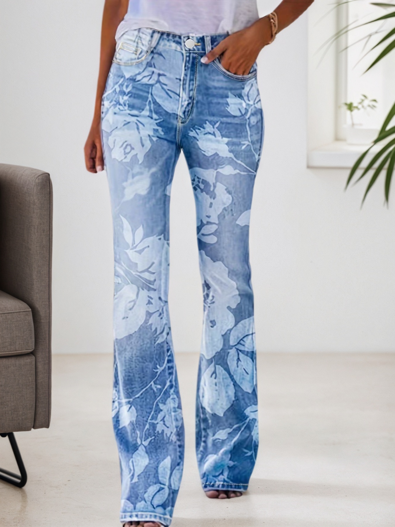 Women's Floral Print Flare Jeans — High-Waisted Light Wash Bootcut Denim - Sizes S-XXL, view 4