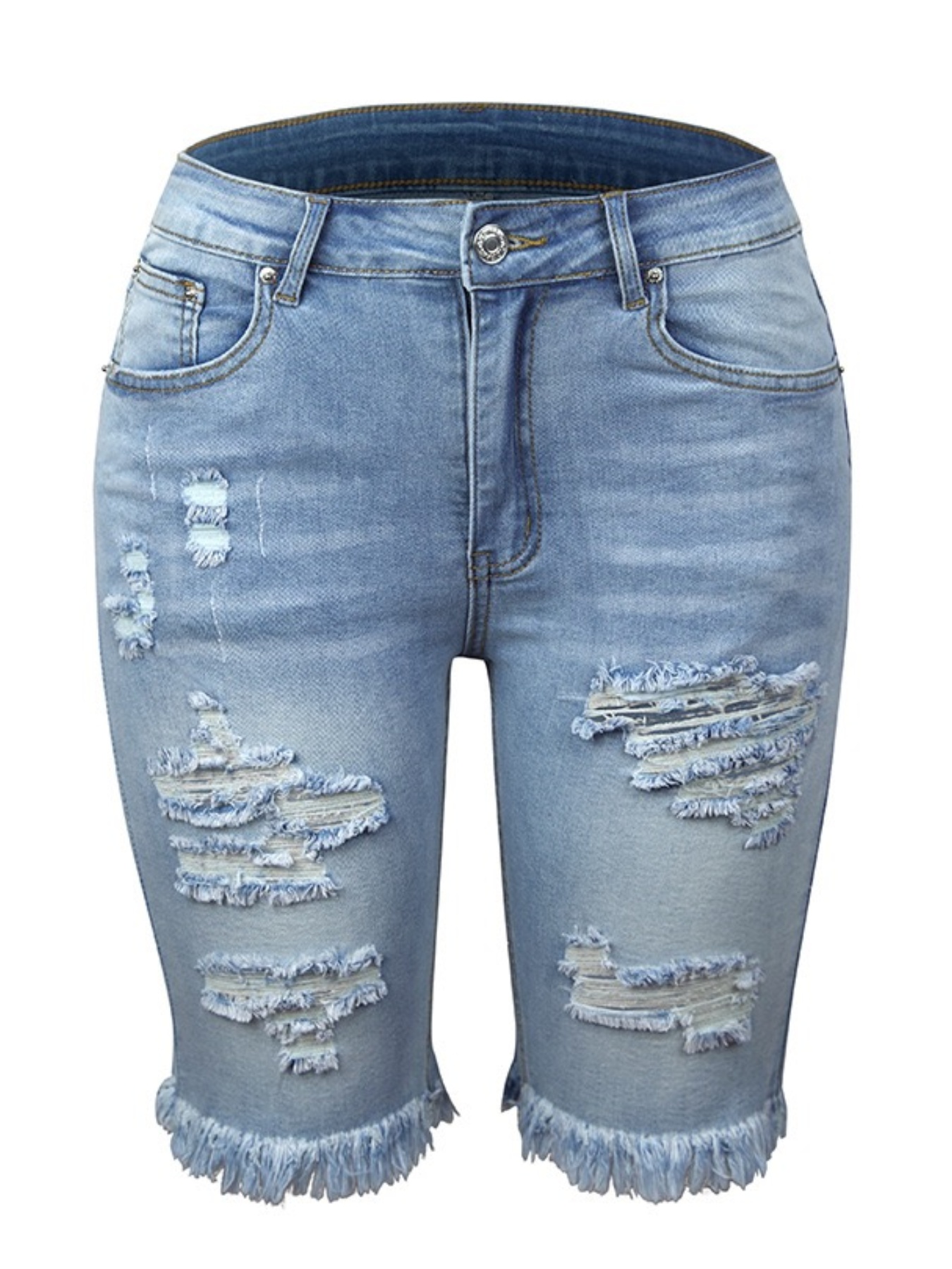 Women's Knee-Length Distressed Denim Bermuda Shorts — Light Wash, Frayed Hem