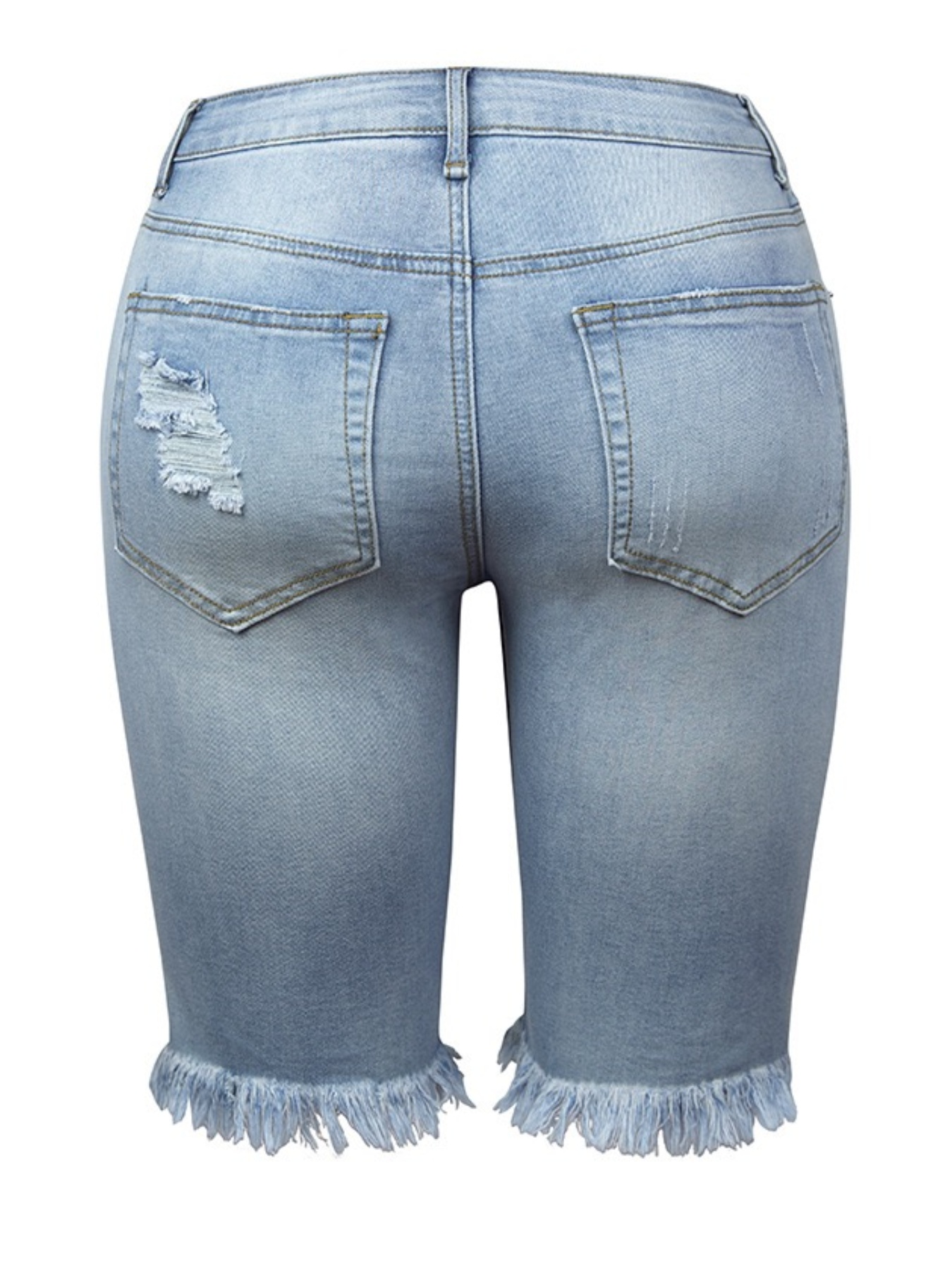 Women's Knee-Length Distressed Denim Bermuda Shorts — Light Wash, Frayed Hem, view 3