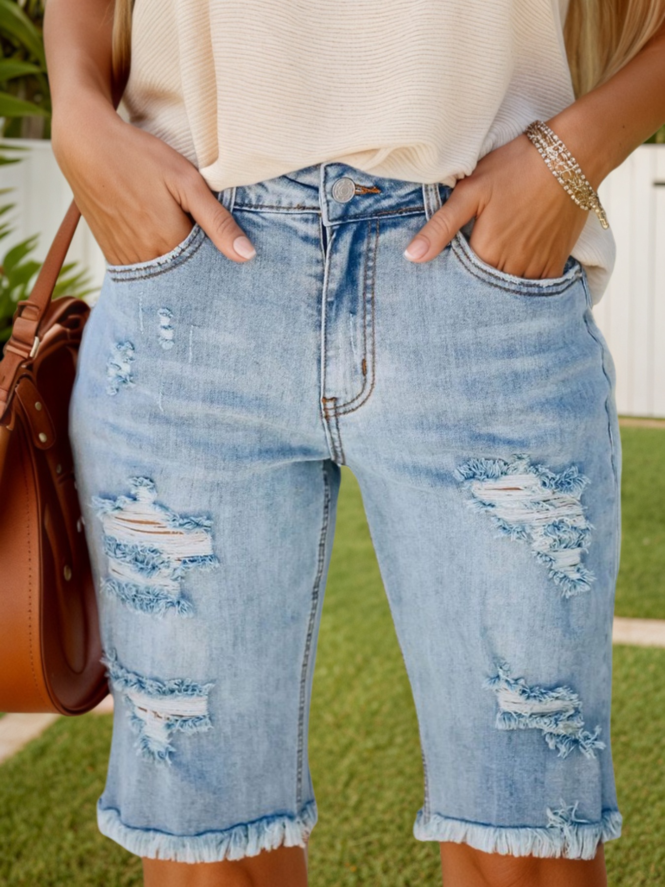 Women's Knee-Length Distressed Denim Bermuda Shorts — Light Wash, Frayed Hem, view 4