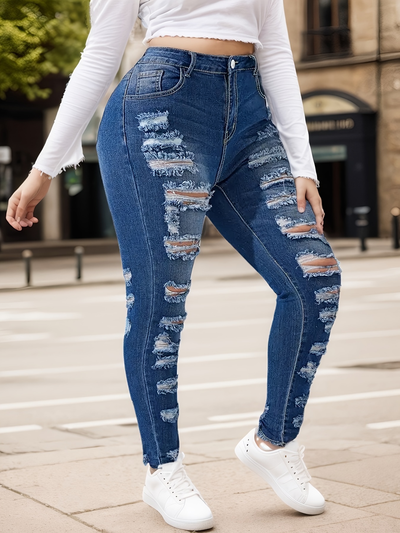 Women's Distressed High Waist Skinny Jeans — Dark Blue Shredded Denim - Sizes 2-4XL, view 3