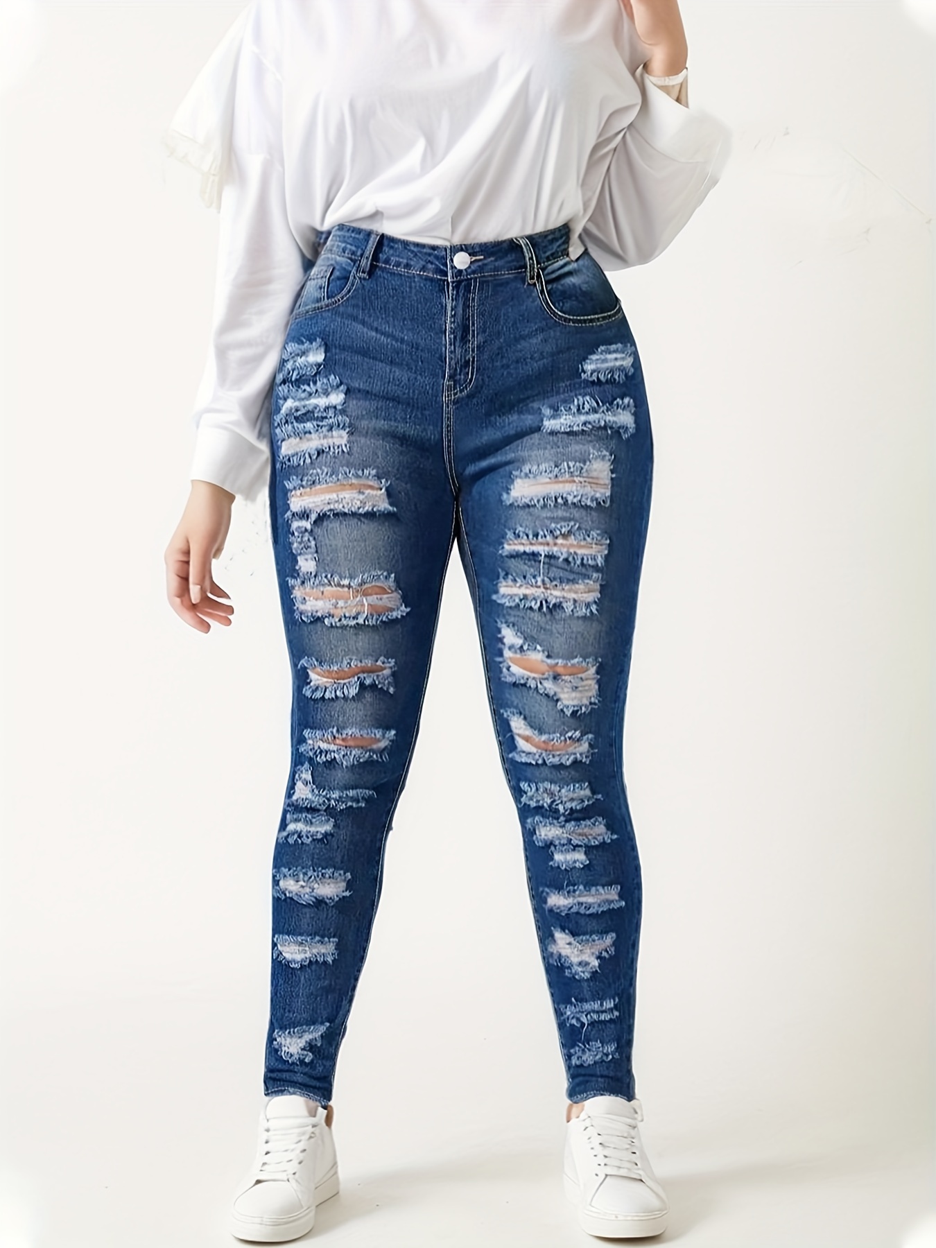 Women's Distressed High Waist Skinny Jeans — Dark Blue Shredded Denim - Sizes 2-4XL