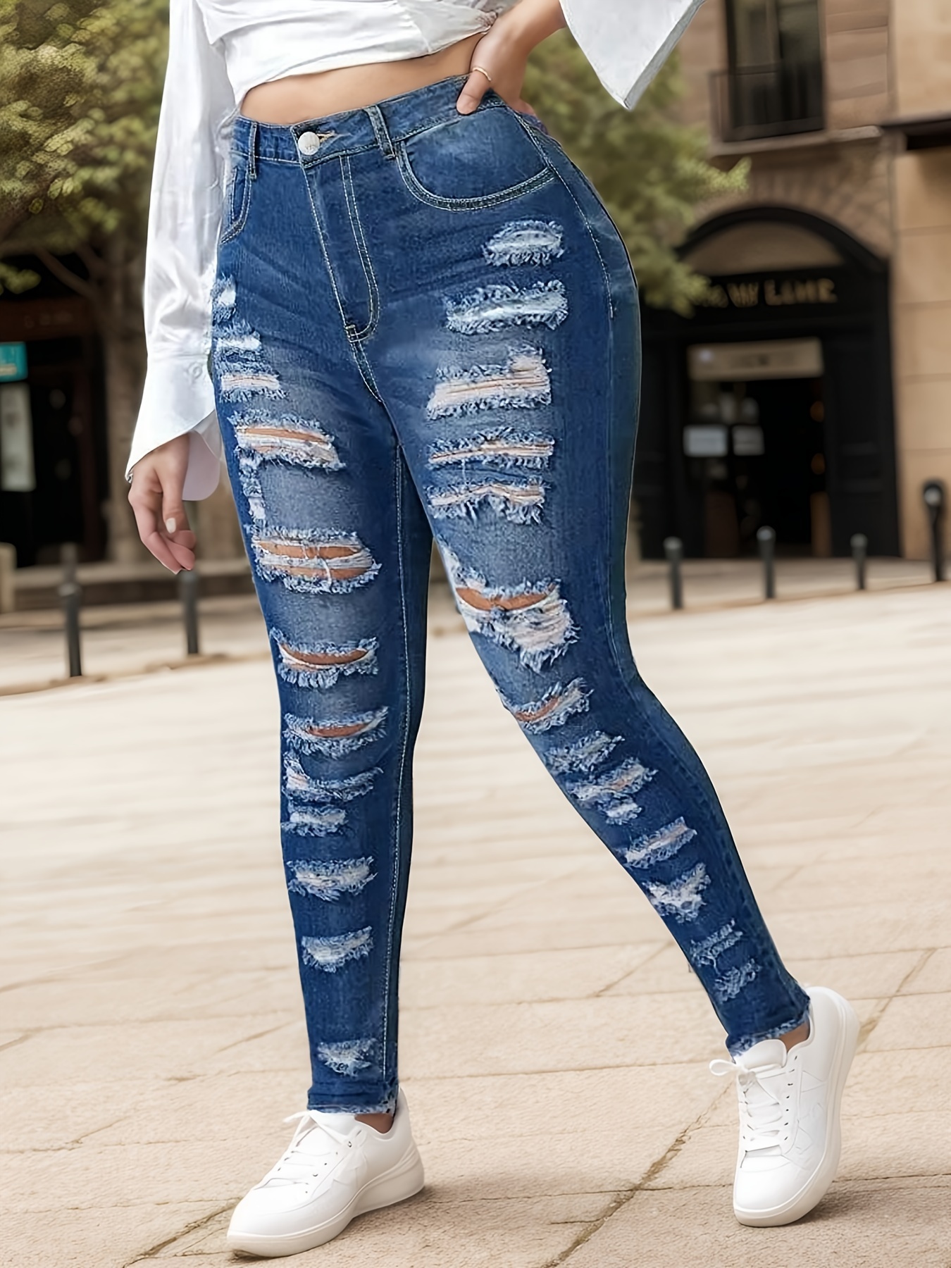 Women's Distressed High Waist Skinny Jeans — Dark Blue Shredded Denim - Sizes 2-4XL, view 5