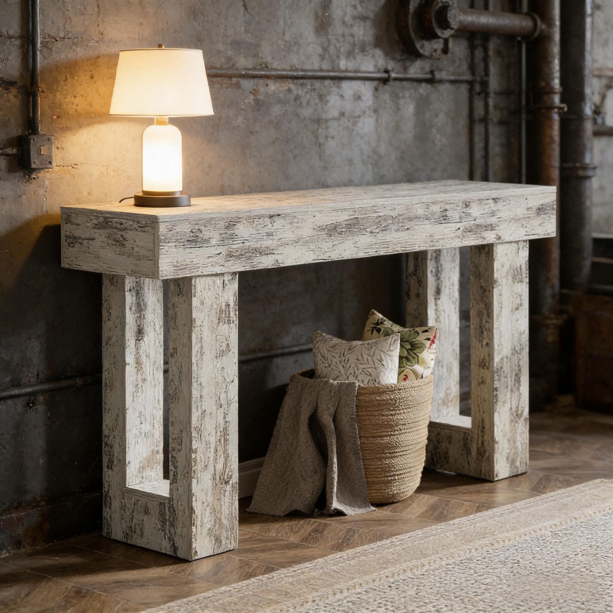 Rustic Whitewashed Console Table, 63" Long x 13.77" Deep Entryway Sofa Table, view 4