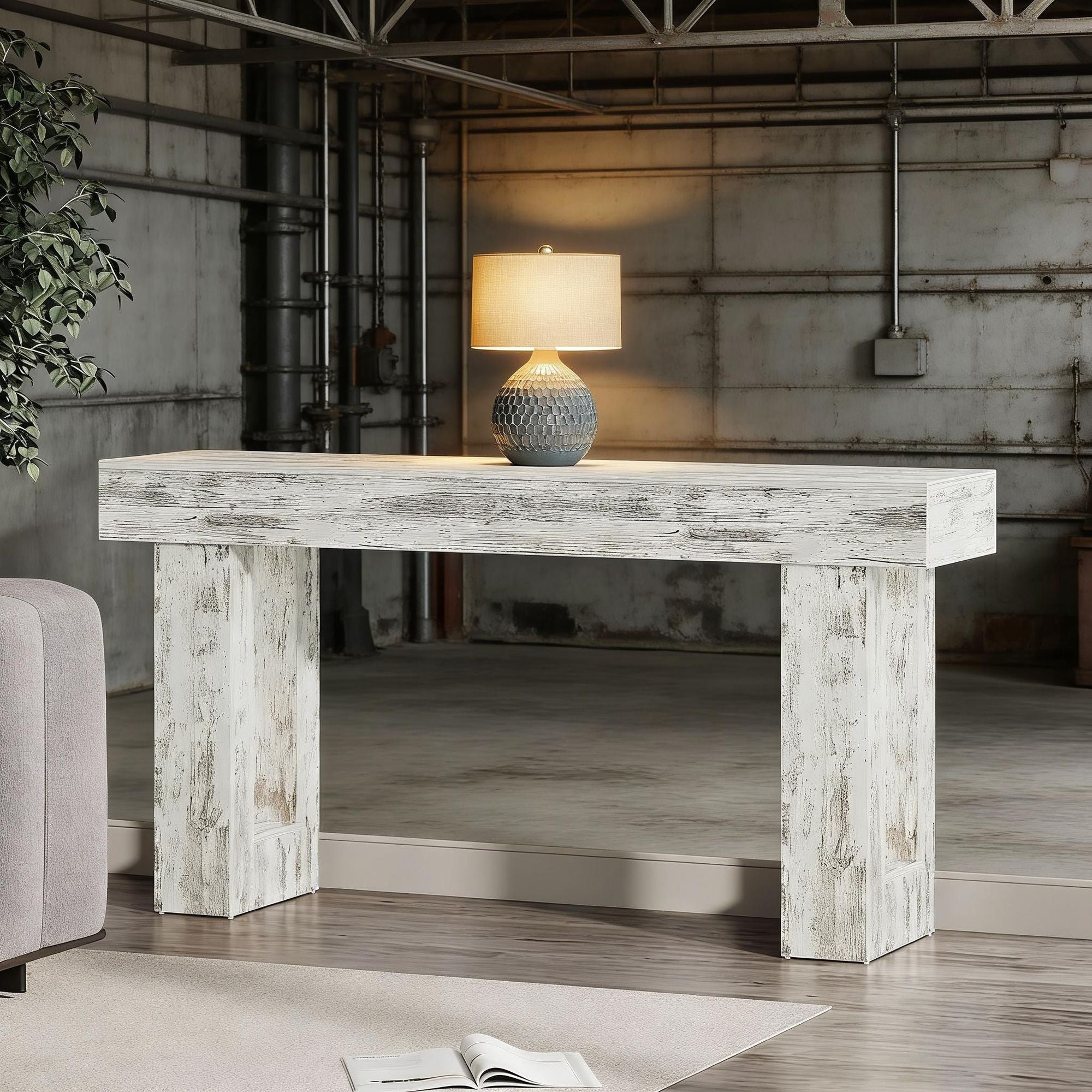 Rustic Whitewashed Console Table, 63" Long x 13.77" Deep Entryway Sofa Table