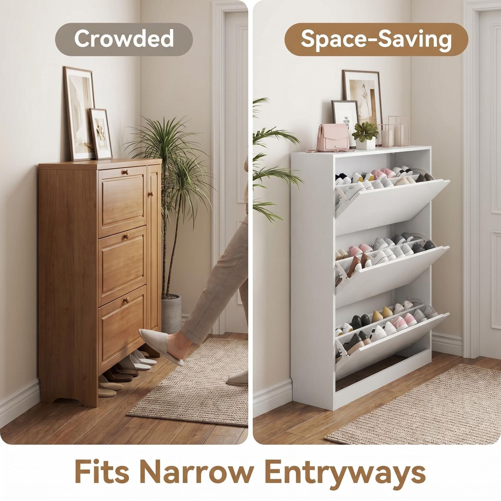 3-Tier Flip-Down Shoe Cabinet, 8.66" Slim Entryway Shoe Storage, White, view 2