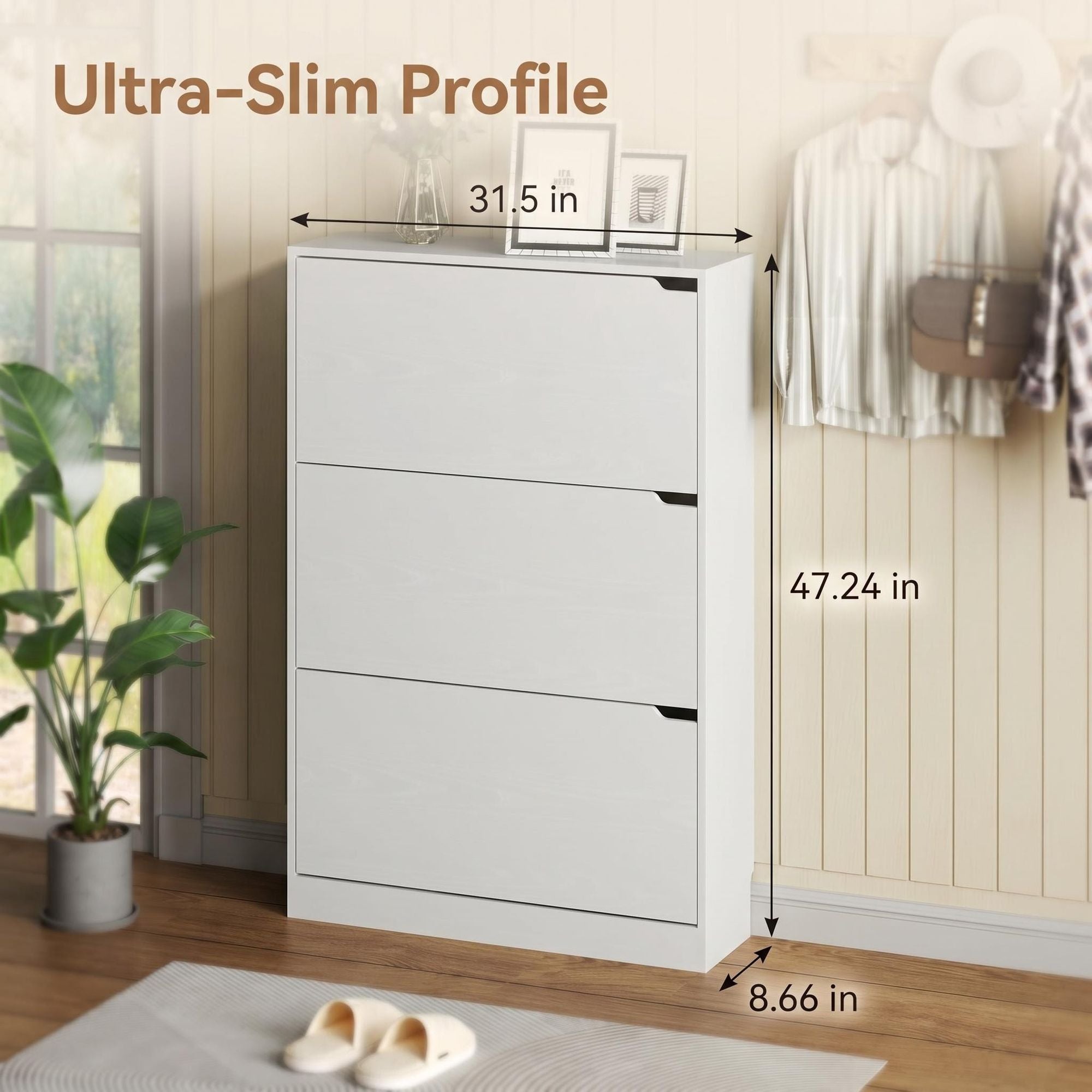 3-Tier Flip-Down Shoe Cabinet, 8.66" Slim Entryway Shoe Storage, White, view 4