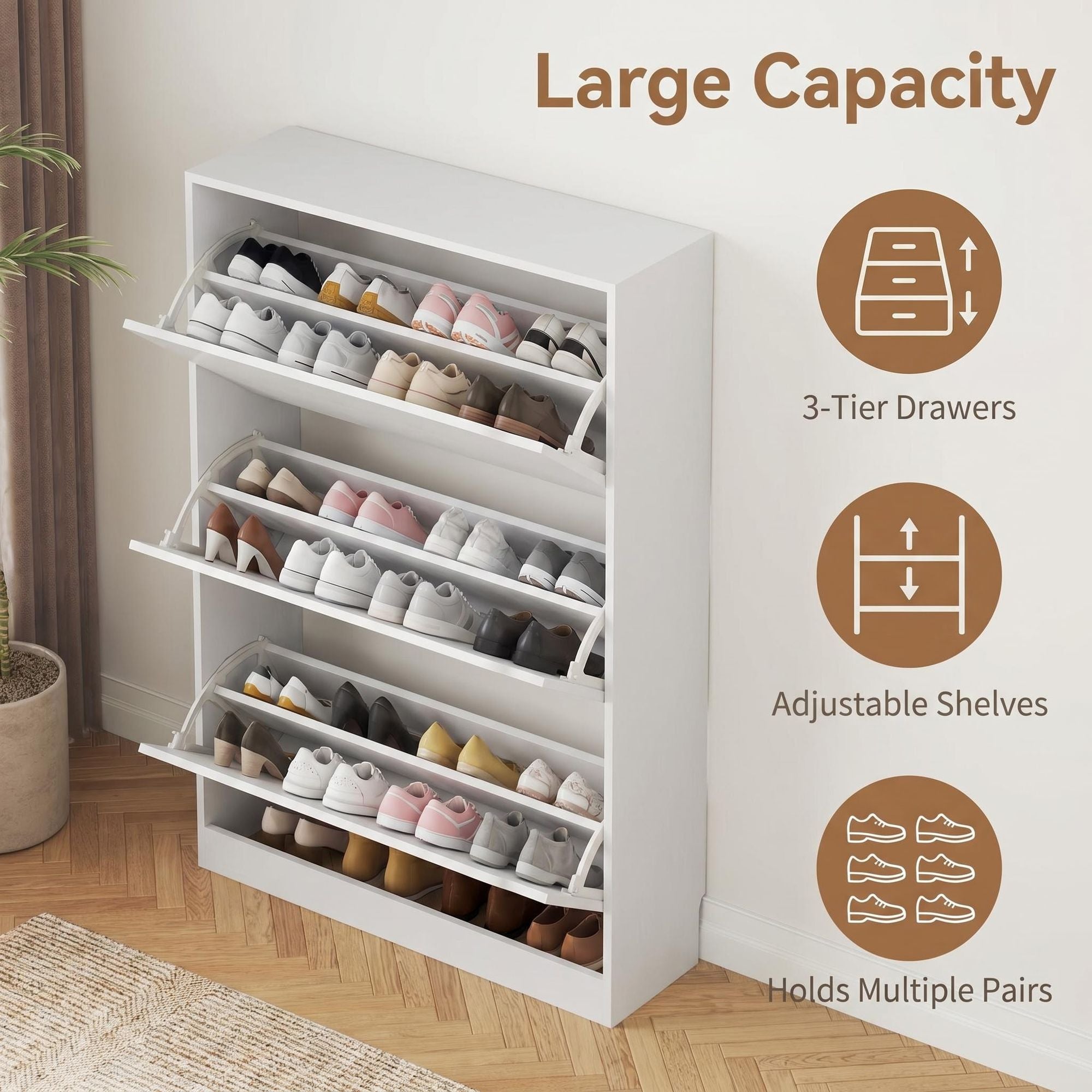 3-Tier Flip-Down Shoe Cabinet, 8.66" Slim Entryway Shoe Storage, White, view 5