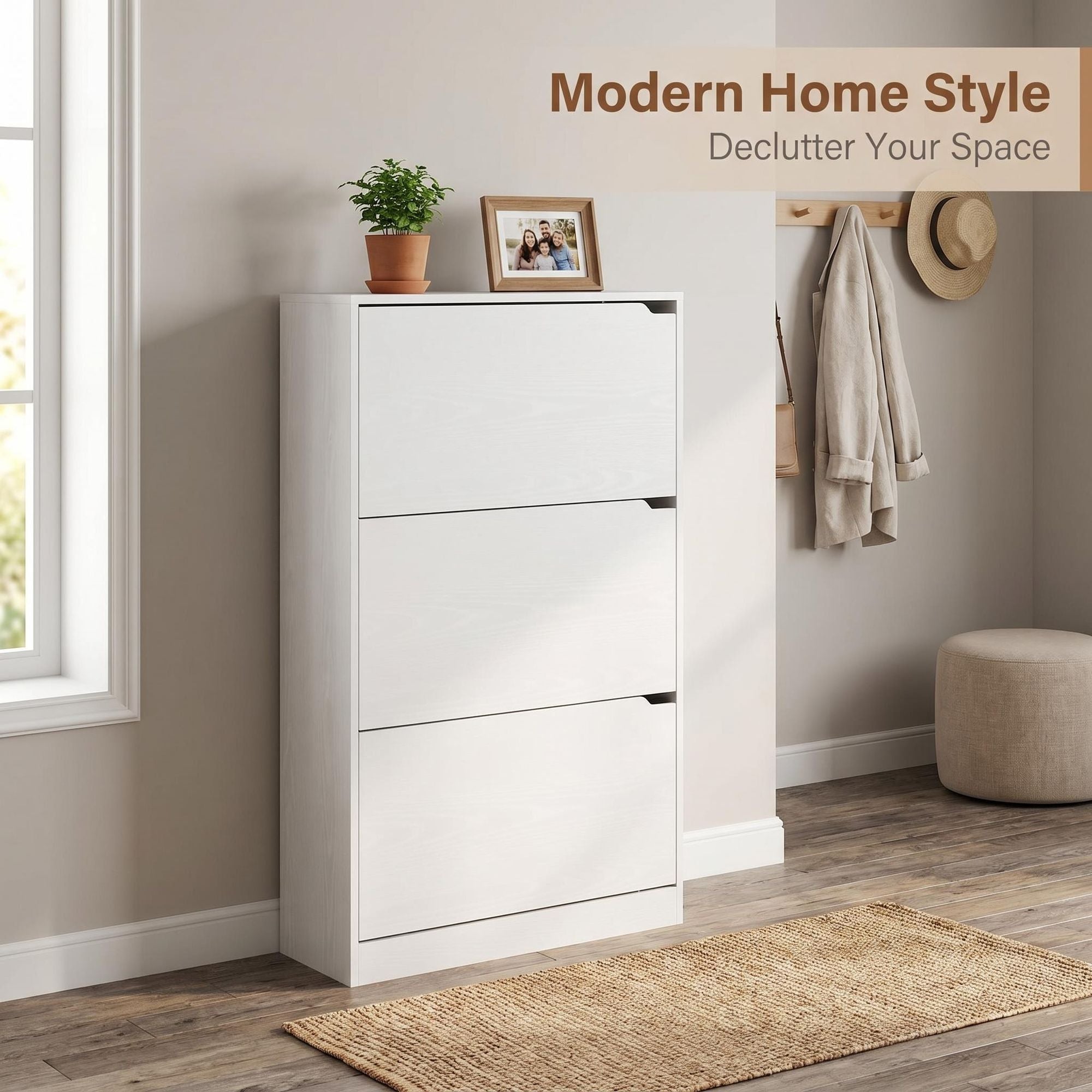3-Tier Flip-Down Shoe Cabinet, 8.66" Slim Entryway Shoe Storage, White, view 3