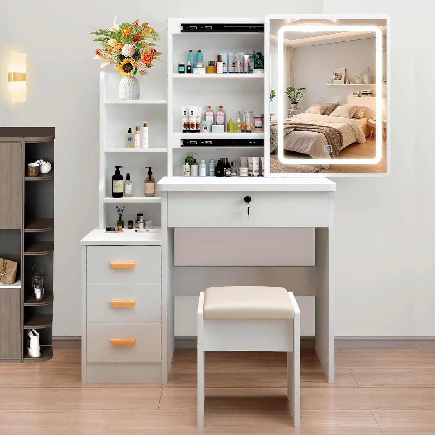 White Makeup Vanity Table, Sliding LED Mirror Hidden Cabinet, 4 Drawers, Stool