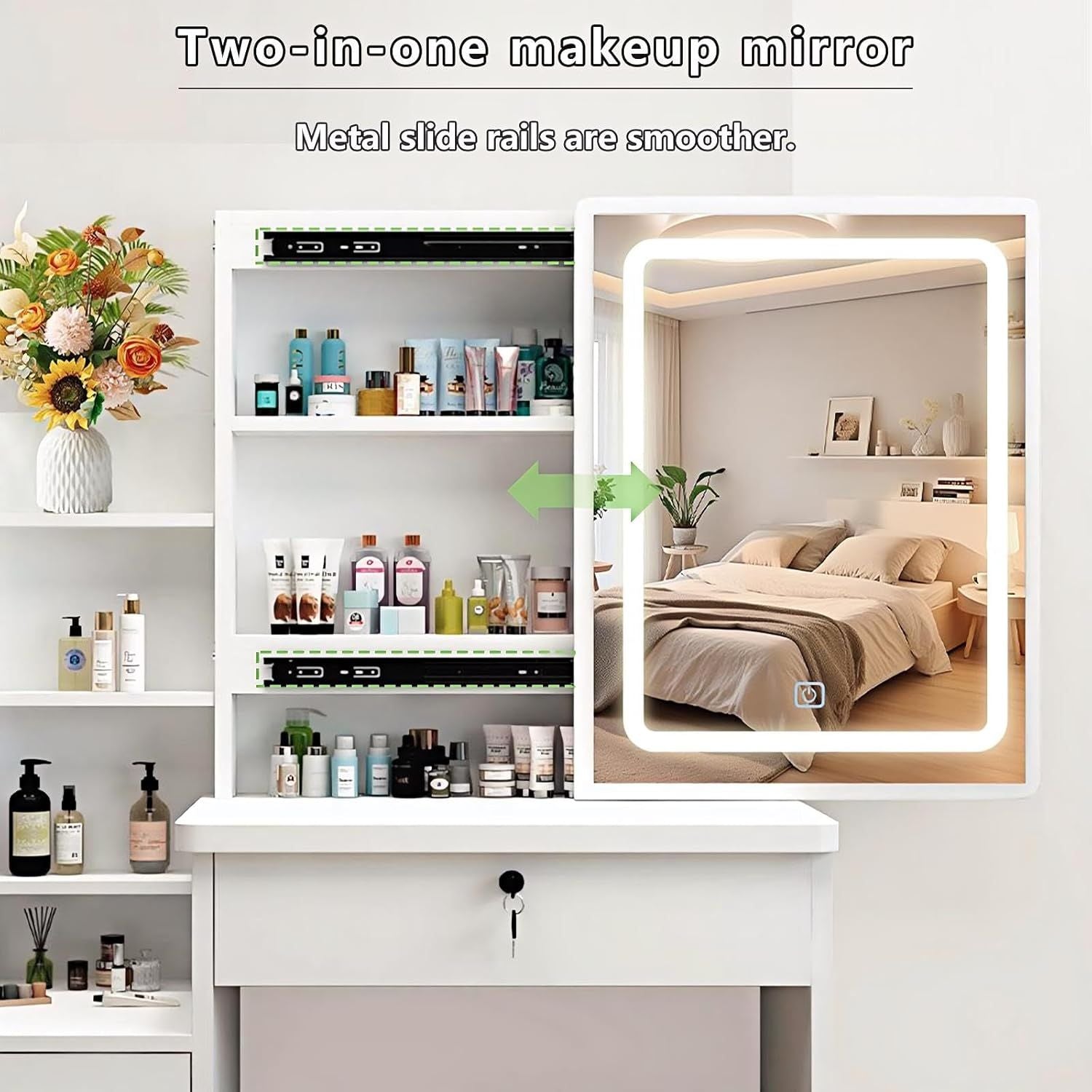 White Makeup Vanity Table, Sliding LED Mirror Hidden Cabinet, 4 Drawers, Stool, view 3