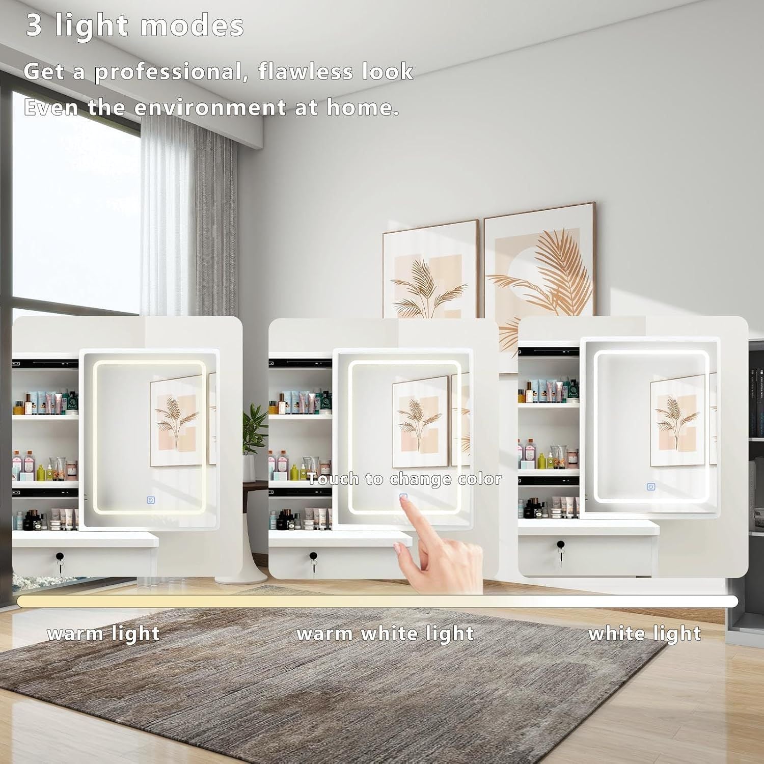 White Makeup Vanity Table, Sliding LED Mirror Hidden Cabinet, 4 Drawers, Stool, view 2
