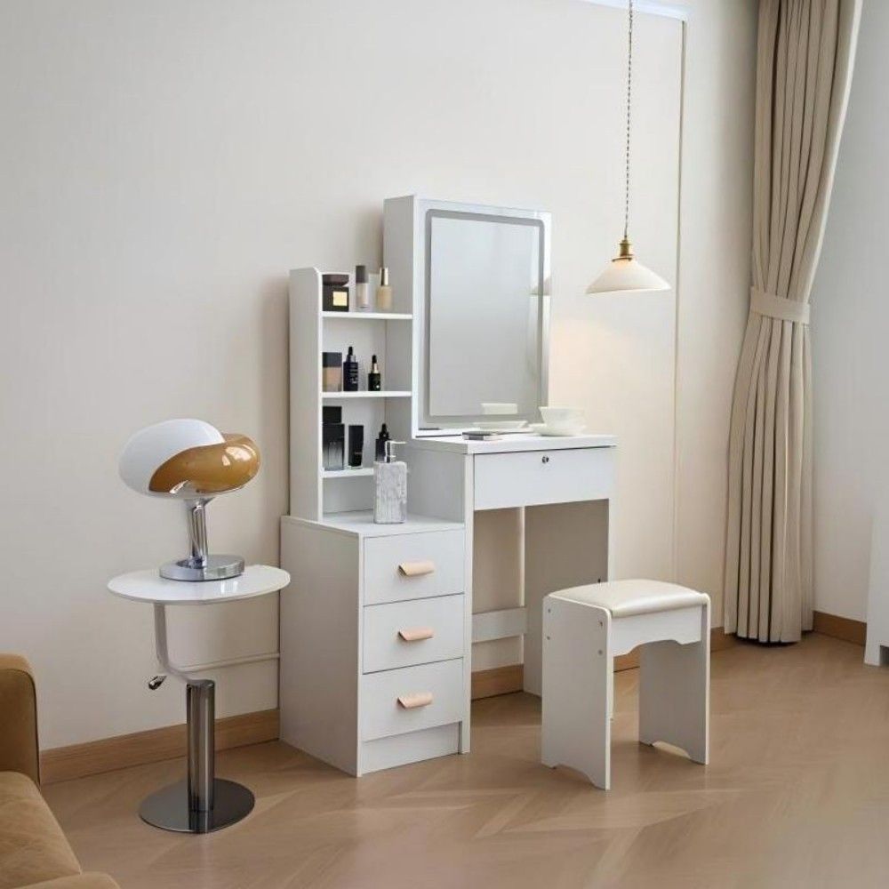 White Makeup Vanity Table, Sliding LED Mirror Hidden Cabinet, 4 Drawers, Stool, view 4