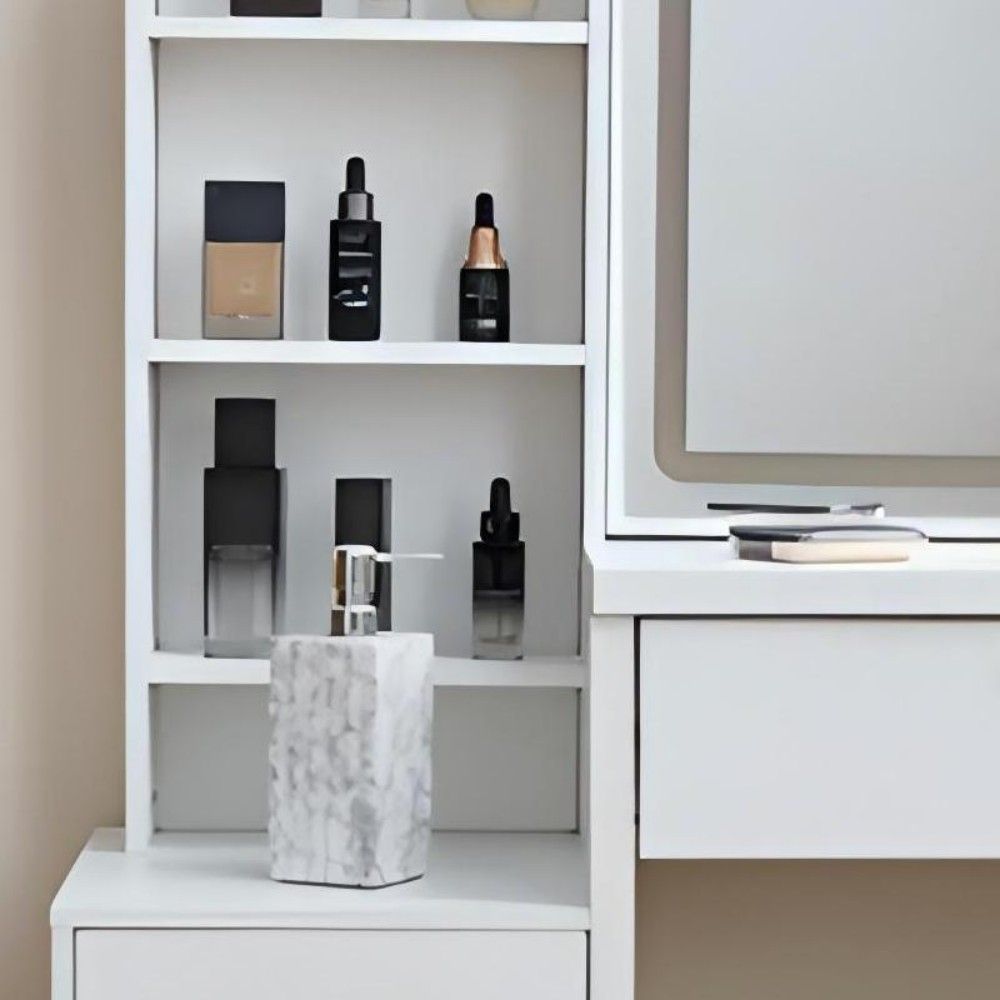 White Makeup Vanity Table, Sliding LED Mirror Hidden Cabinet, 4 Drawers, Stool, view 5