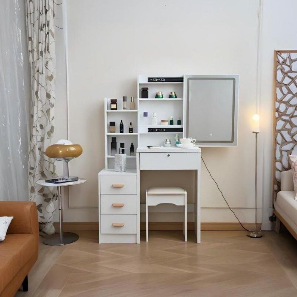 White Makeup Vanity Table, Sliding LED Mirror Hidden Cabinet, 4 Drawers, Stool, view 6