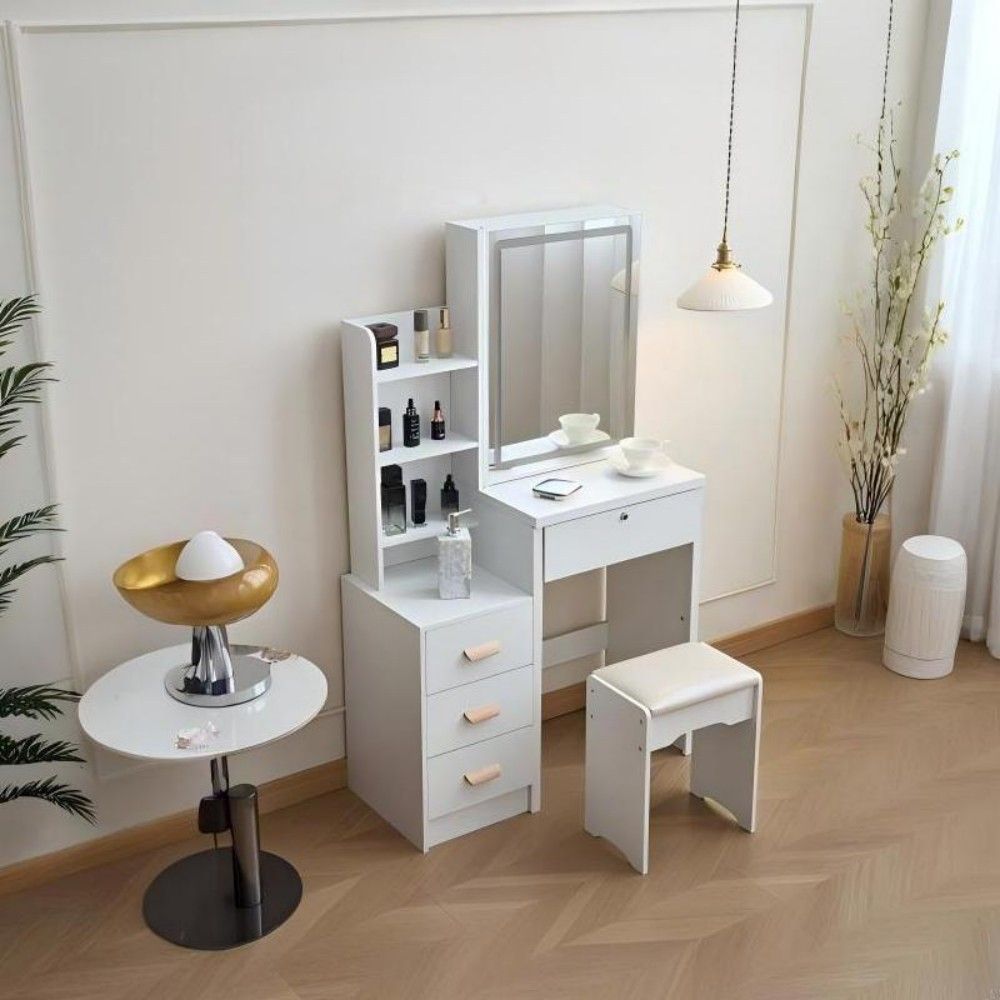 White Makeup Vanity Table, Sliding LED Mirror Hidden Cabinet, 4 Drawers, Stool, view 7