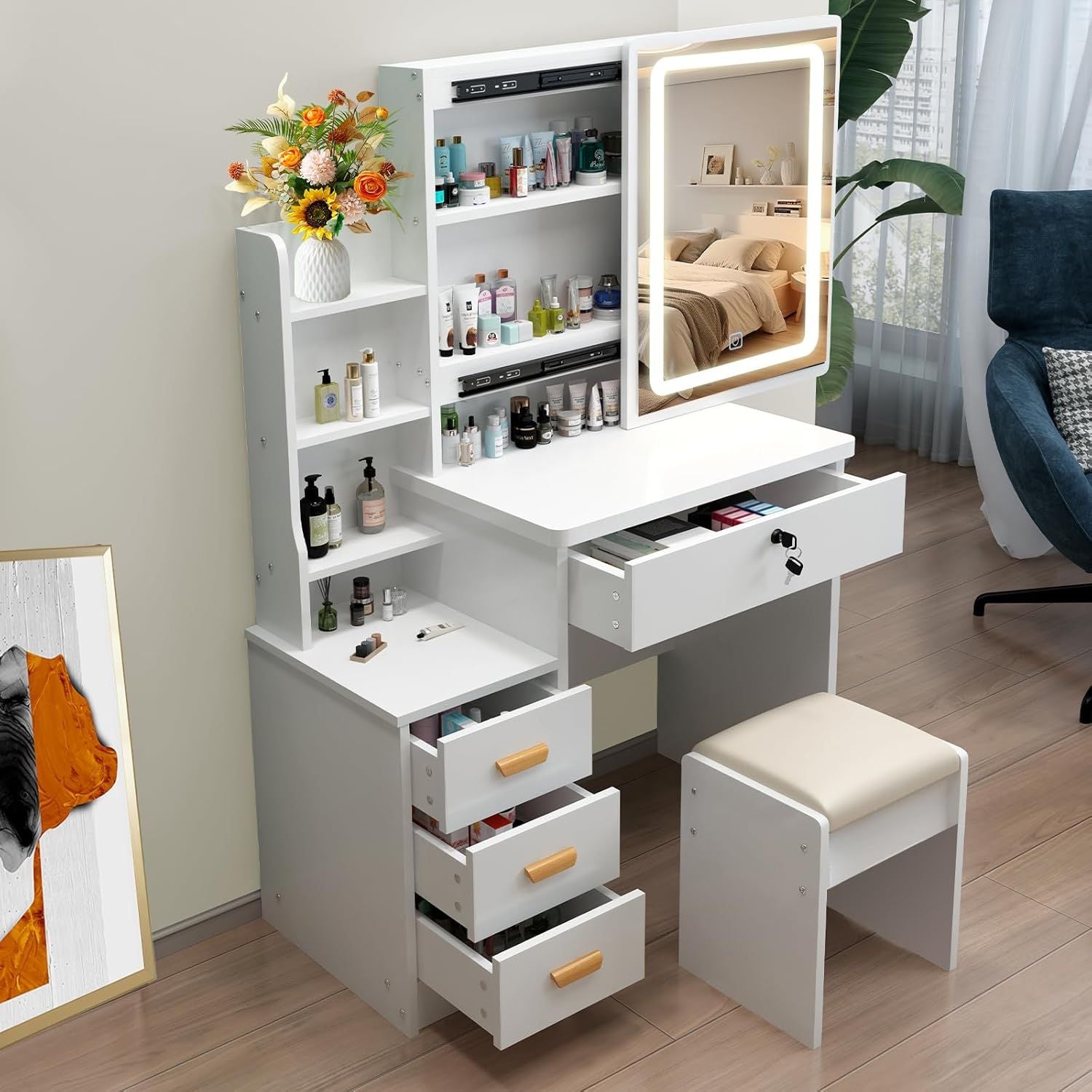 White Makeup Vanity Table, Sliding LED Mirror Hidden Cabinet, 4 Drawers, Stool, view 8