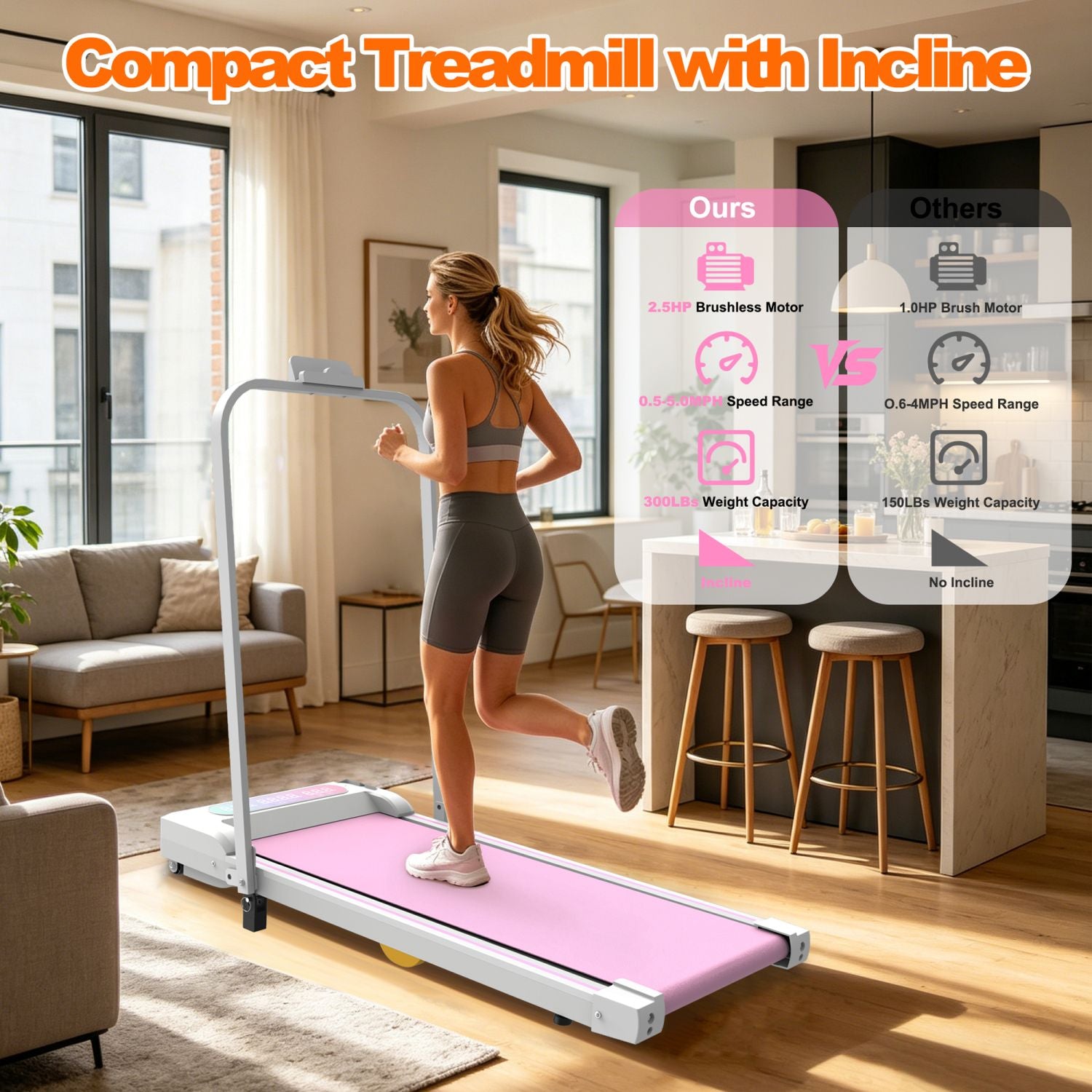 Pink Under Desk Treadmill — Folding Walking Pad With Incline & Remote, view 6