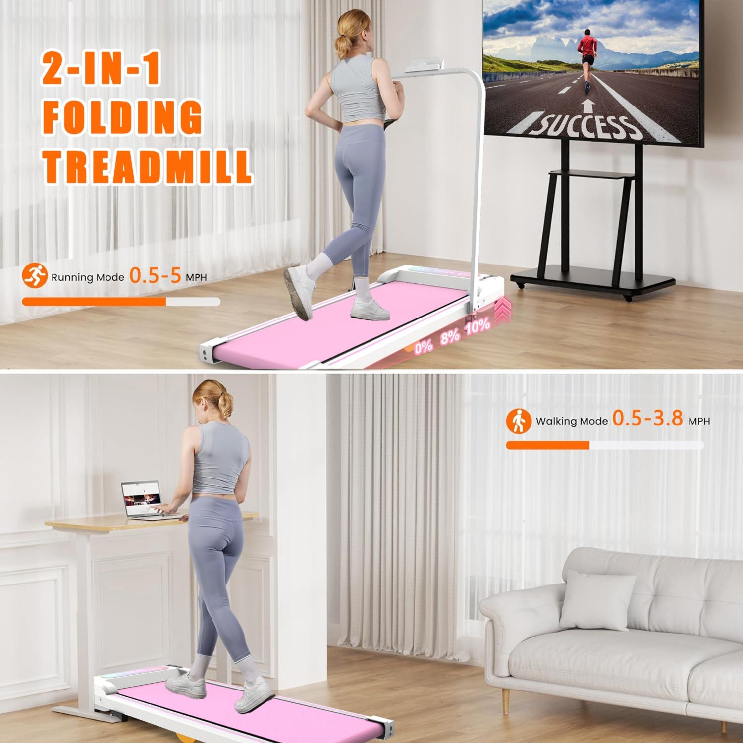 Pink Under Desk Treadmill — Folding Walking Pad With Incline & Remote, view 7