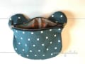 Woollypetals Bear Pouch in teal fabric with white cross pattern and zipper closure