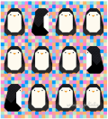Woollypetals Penguin Social Quilt with twelve pixelated penguin blocks on colorful patchwork background