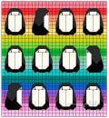 Woollypetals Penguin Social quilt pattern with front and side-facing penguins on rainbow striped background