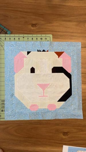 Woollypetals It's All Guinea Be Okay quilt block with cream and pink guinea pig face on blue background