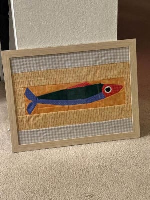 Woollypetals Sardine Tin FPP framed quilt block with fabric fish