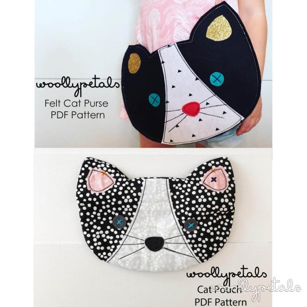 Woollypetals Cat Pouch and Cat Purse felt sewing patterns in black and white