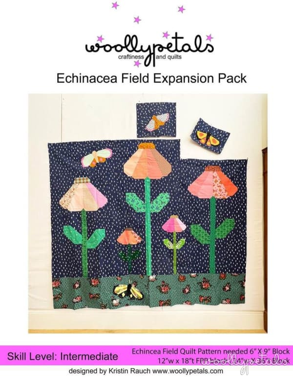 Woollypetals Echinacea Field quilt with colorful flower and butterfly appliqués on dark background