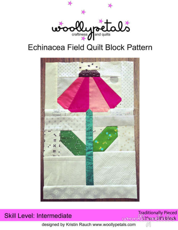 Woollypetals Echinacea Field quilt block with pink petals and green leaves