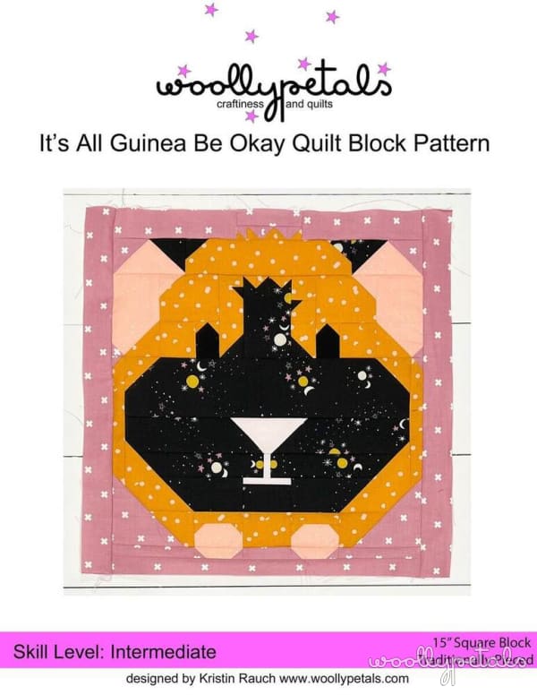 Woollypetals It's All Guinea Be Okay quilt block with orange, black, and pink fabrics