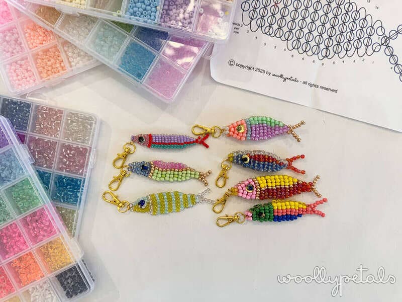 Woollypetals Beaded Sardine Charm tutorial with colorful beaded fish charms and seed bead organizers
